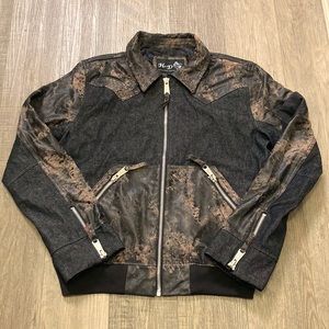 Women’s H & D Size Large Distressed Leather & Denim Moto Biker Bomber Jacket